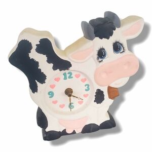 Pink Black Gold Dairy Cow Table Clock Vintage Collectible